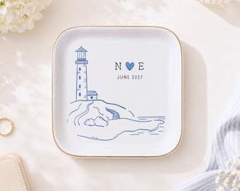 Op maat gemaakt sieradenschaaltje in kustthema voor een bruiloft, gepersonaliseerd aandenken voor meneer en mevrouw, ringschaaltje met initialen voor een jubileumpaar