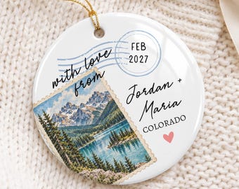 Custom Mountain Lake Ornament, Travel Wedding Engagement Gift, Proposal Keepsake, Personalized Souvenir Ornament, Vacation Honeymoon Trip