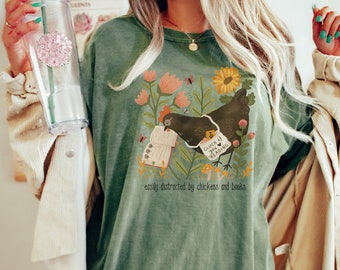Vintage Chicken and Books Comfort Colors Tshirt, Chicken Shirt, Bookish shirt, Book Lovers Clothing, Librarian Gift, Bookish Gift for her