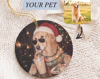 Custom Dog Portrait Christmas Ornament, Personalized Pet Portrait Gift, Custom Dog Drinking Coffee Artwork, Pet Lover Memorial Gift