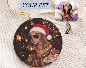 Custom Pet Photo Christmas Ornament, Personalized Santa Dog Portrait Gift, Custom Dog Drinking Beer Artwork, Pet Lover Memorial Gift