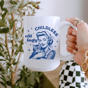 Retro Childless Cat Lady Mug, Feminist Mug, Kamala Harris for Madam President, Democrat Merch Mug, Election 2024, Smash the Patriarchy