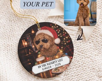 Custom Funny Santa Dog Photo Christmas Ornament, Personalized Pet Portrait Gift, Custom Dog Drinking Beer Artwork, Pet Lover Memorial Gift