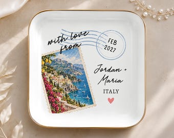 Custom Amalfi Italy Skyline Jewelry Dish, Traveler Couple Engagement Gift, Proposal Keepsake, Souvenir Italian Vacation Honeymoon Trip