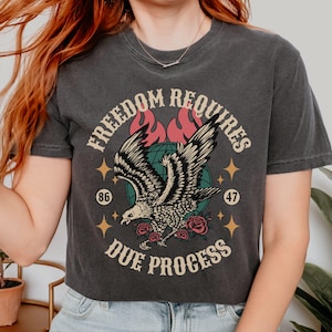 May include: Dark gray t-shirt with the text "FREEDOM REQUIRES DUE PROCESS" and a graphic of an eagle with outstretched wings, a globe, roses, and flames. The shirt also has the numbers "86" and "47".