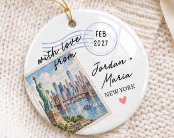 Custom New York Skyline Ornament, Travel Wedding Engagement Gift, Proposal Keepsake, Personalized Souvenir Ornament, Vacation Honeymoon Trip