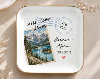 Custom Mountain Jewelry Dish, Traveler Couple Engagement Gift, Proposal Keepsake for Fiancee, Souvenir from Vacation Honeymoon Trip