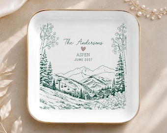 Custom Aspen Vale Colorado Wedding Ring Holder, Ski Mountain Engagement Ring Dish, Personalized Jewelry Dish with Name, Camp Bachelorette