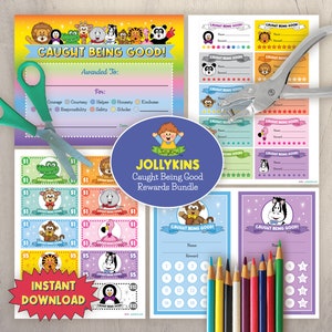 Lot de récompenses JollyKins Caught Being Good, téléchargement numérique instantané, dollars pour le comportement, certificats de récompense, graphiques et cartes perforées