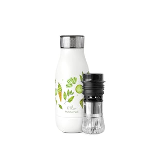 May include: White insulated water bottle with a silver cap and a black infuser. The bottle has a green and white design of ice cream, leaves, and other food items. The text "01 liv Matcha Flask" is printed on the bottle.