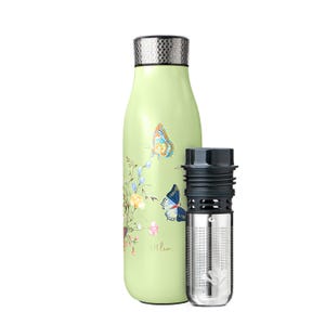 May include: A pale green water bottle with a silver cap and a stainless steel tea infuser. The bottle has a butterfly and floral design. The tea infuser is stainless steel with a black top.