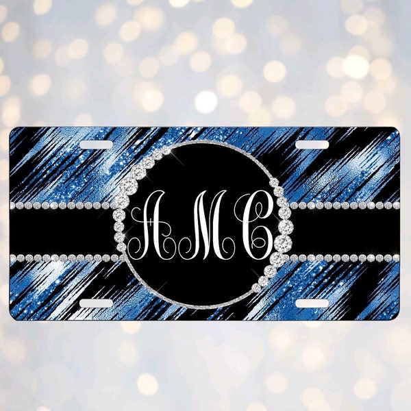 Black and blue  with diamonds license plate sublimation design/ add your own initials