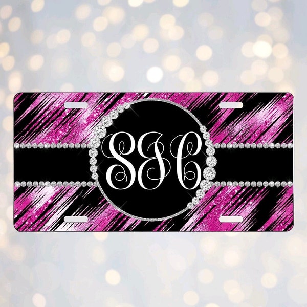 Black and pink  with diamonds license plate sublimation design/ add your own initials