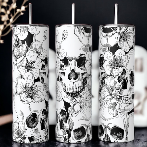 Black and white skull tumbler wrap/tumbler design/sublimation/digital download