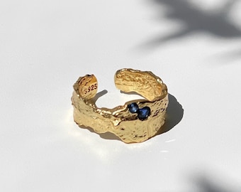 Chunky Gold Ring, Simple Gold Ring With Blue Stone, Wide Band Ring, Organic Textured Signet Ring, Sterling Silver Gold Plated Ring