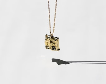 Three-Dimensional Cubic Pendant Necklace, Gold Pendant Necklace, Hammered Texture, 18K Gold Plated Sterling Silver, Square Pendant, Unisex