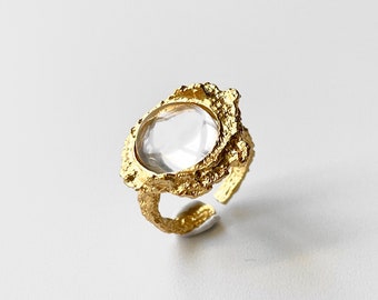 Chunky Gold Clear Quartz Ring, Large Cocktail Ring with Organic Texture, Molten Style, Irregular Shape, Thick Gold Band, Statement Jewelry