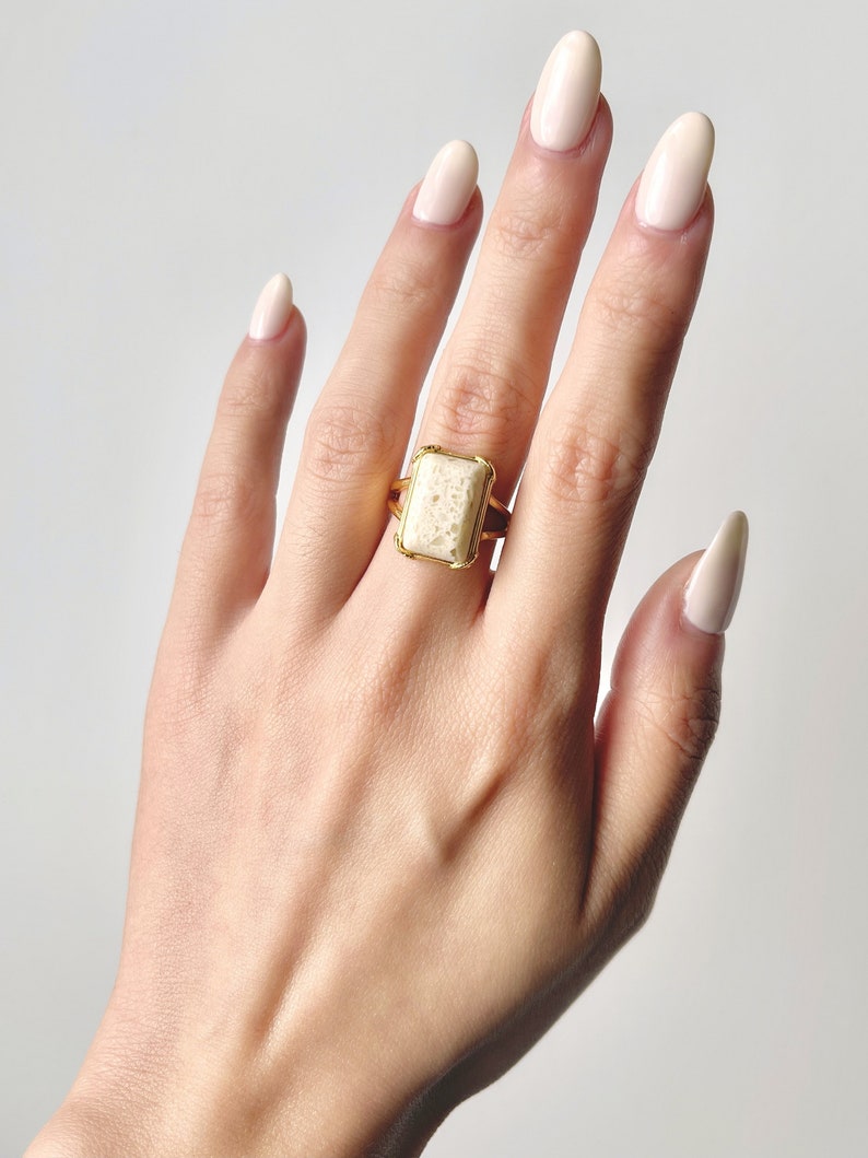 Natural White Marble Ring, 18K Yellow Gold Plated Sterling Silver, Natural Stone Ring, Vintage Inspired, Wedding Ring image 6