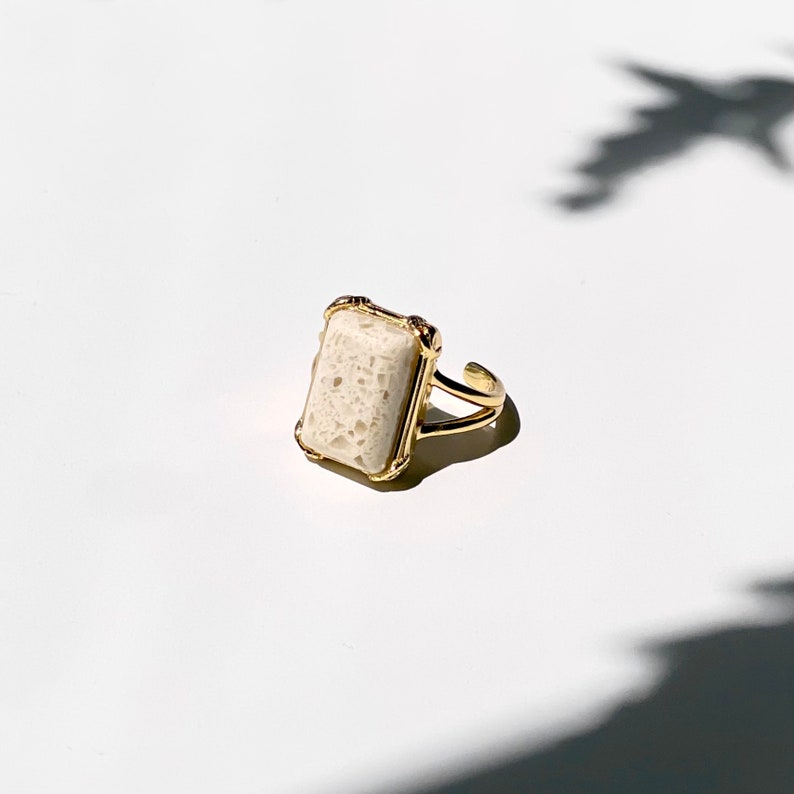 Natural White Marble Ring, 18K Yellow Gold Plated Sterling Silver, Natural Stone Ring, Vintage Inspired, Wedding Ring image 3