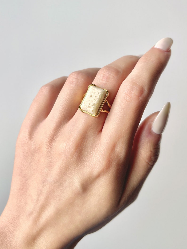 Natural White Marble Ring, 18K Yellow Gold Plated Sterling Silver, Natural Stone Ring, Vintage Inspired, Wedding Ring image 7