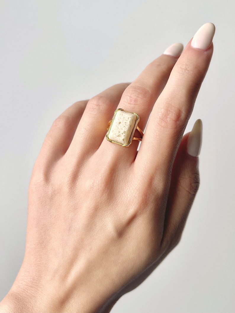 Natural White Marble Ring, 18K Yellow Gold Plated Sterling Silver, Natural Stone Ring, Vintage Inspired, Wedding Ring image 2