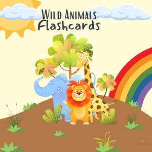 Peut inclure: Illustration colorée de cartes flash sur les animaux sauvages. L'image présente un éléphant bleu, un lion et une girafe sur une colline marron. Un arc-en-ciel et un soleil sont en arrière-plan. Le texte "Wild Animals Flashcards" est en haut.