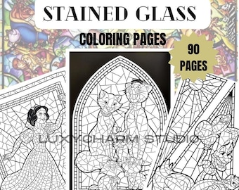 90 Pages - STAINED Glass Style Coloring Book Compilation - All your Favorite Characters