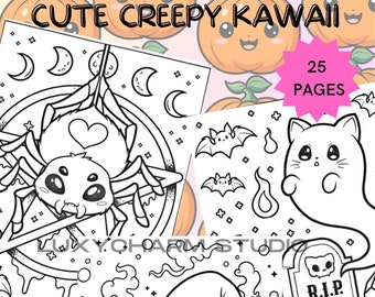 May include: A set of 25 colouring pages featuring cute and creepy kawaii characters. The pages include a spider, a ghost, a witch, and a tombstone. The pages are black and white and ready to be coloured.