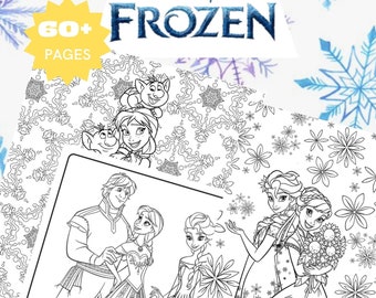 May include: A Disney Frozen coloring book with the Frozen logo and the text "60+ PAGES". The coloring pages feature line art illustrations of characters like Elsa, Anna, Olaf, and Kristoff.
