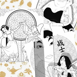 K&ouml;nnte beinhalten: Schwarz-wei&szlig;-Malvorlagen mit Disney-Prinzessinnen, darunter Schneewittchen, Mulan und Ursula. Die Seiten sind auf wei&szlig;em Papier gedruckt und haben eine Vielzahl von filigranen Designs.