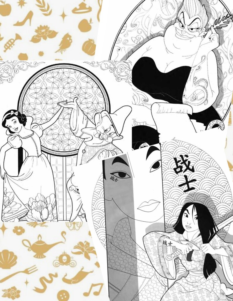 K&ouml;nnte beinhalten: Schwarz-wei&szlig;-Malvorlagen mit Disney-Prinzessinnen, darunter Schneewittchen, Mulan und Ursula. Die Seiten sind auf wei&szlig;em Papier gedruckt und haben eine Vielzahl von filigranen Designs.