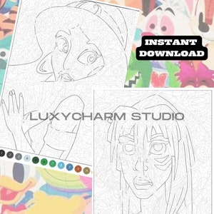 May include: A digital download featuring line art of Disney characters for paint-by-number. The image includes the text "YOUR FAVORITE DISNEY CHARACTERS" and "INSTANT DOWNLOAD". The LuxyCharm Studio logo is also visible.