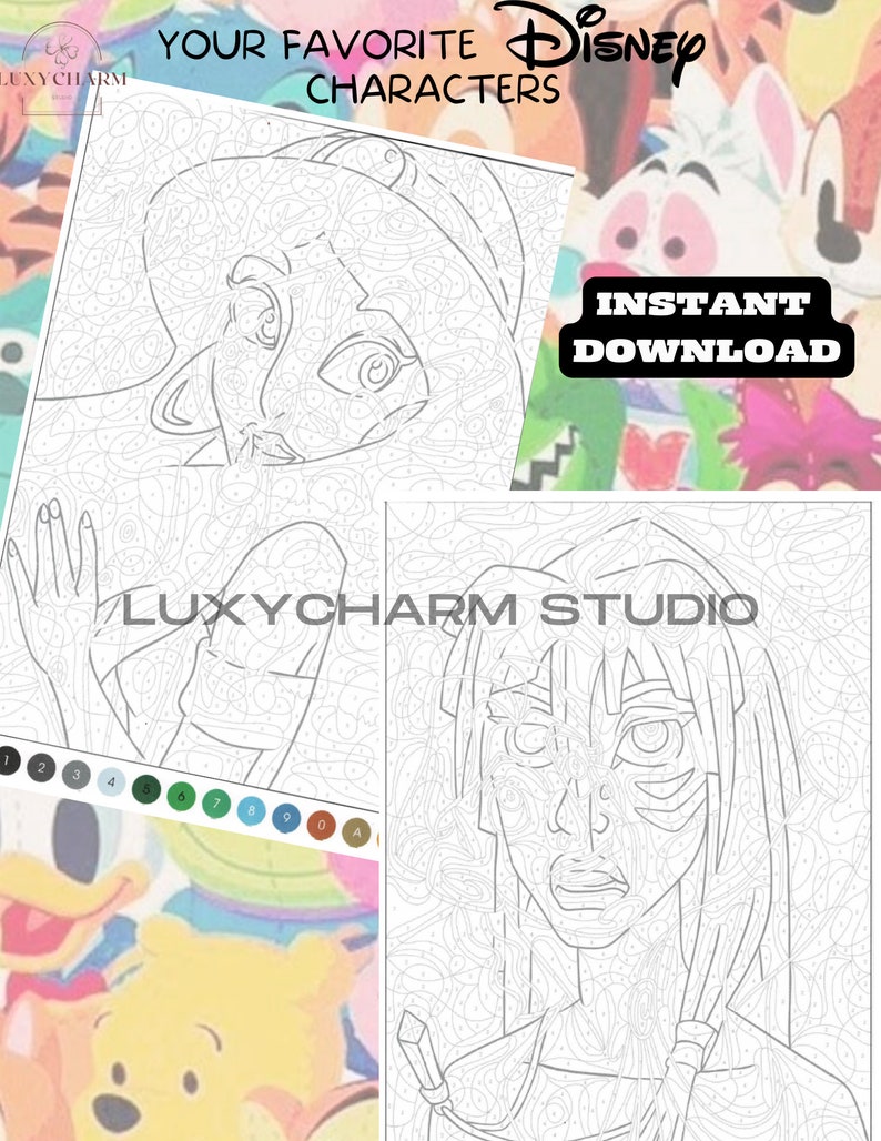 May include: A digital download featuring line art of Disney characters for paint-by-number. The image includes the text "YOUR FAVORITE DISNEY CHARACTERS" and "INSTANT DOWNLOAD". The LuxyCharm Studio logo is also visible.