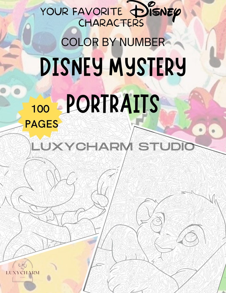 May include: A Disney Mystery Portraits coloring book with 100 pages. The cover features the text "Your Favorite Disney Characters Color by Number" and "Disney Mystery Portraits". The book includes line drawings of Disney characters.