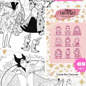 K&ouml;nnte beinhalten: Schwarzwei&szlig;es Malbuch mit Disney-Prinzessinnen und Schurken. Der Einband zeigt Schneewittchen und die b&ouml;se K&ouml;nigin, Maleficent und ihren Raben sowie eine Sammlung von Prinzessinnen-Silhouetten. Das Buch hat 65 Seiten und tr&auml;gt den Titel "Disney Girl Power: Prinzessinnen & Schurken".