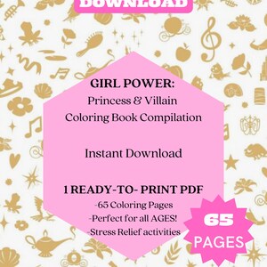 K&ouml;nnte beinhalten: Ein rosa und goldenes druckbares Malbuch mit 65 Seiten mit Prinzessinnen- und Schurkenfiguren. Der Titel lautet "Girl Power: Princess & Villain Coloring Book Compilation".