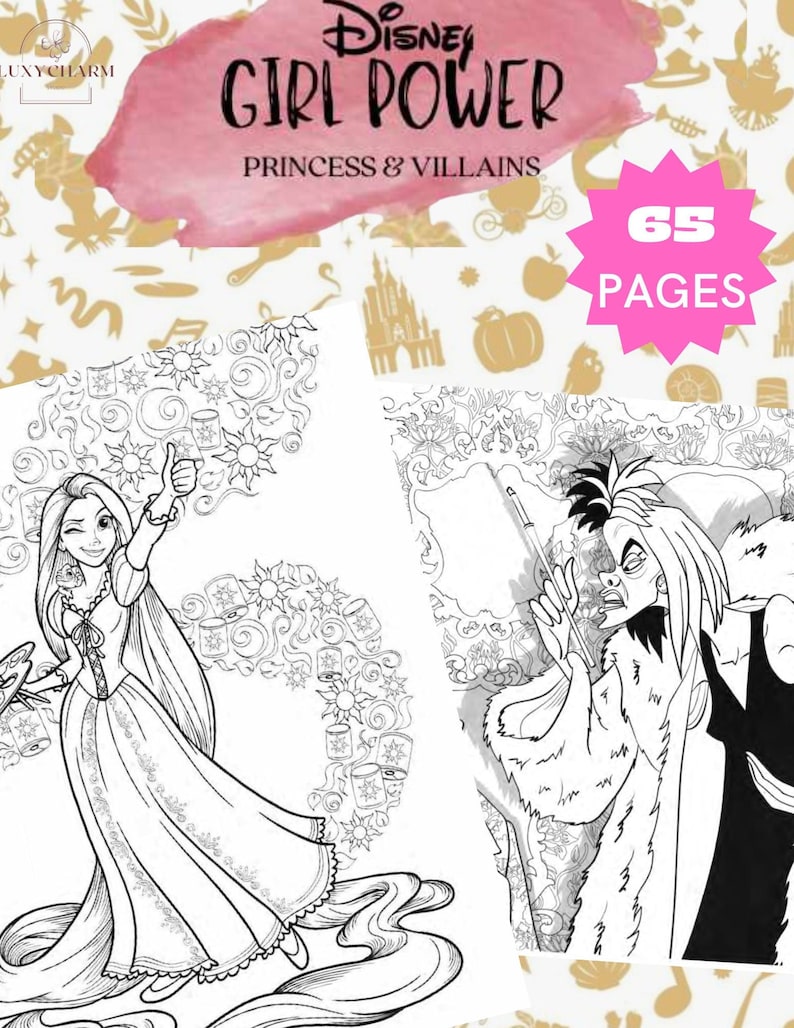 K&ouml;nnte beinhalten: Ein Schwarzwei&szlig;-Malbuch mit Disney-Prinzessinnen und Schurken. Der Einband zeigt einen rosa Hintergrund mit dem Text "Disney Girl Power Princess & Villains" und einen rosa Stern mit dem Text "65 Seiten". Die Innenseiten zeigen Schwarzwei&szlig;-Illustrationen von Rapunzel und Cruella de Vil.