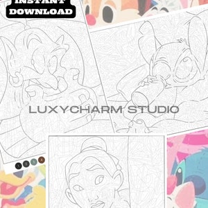 May include: Digital download of a paint-by-numbers coloring page featuring Disney characters. The image includes line drawings of Aladdin, Stitch, and Mulan, with the text "YOUR FAVORITE DISNEY CHARACTERS" and "INSTANT DOWNLOAD". The LuxyCharm Studio logo is also visible.