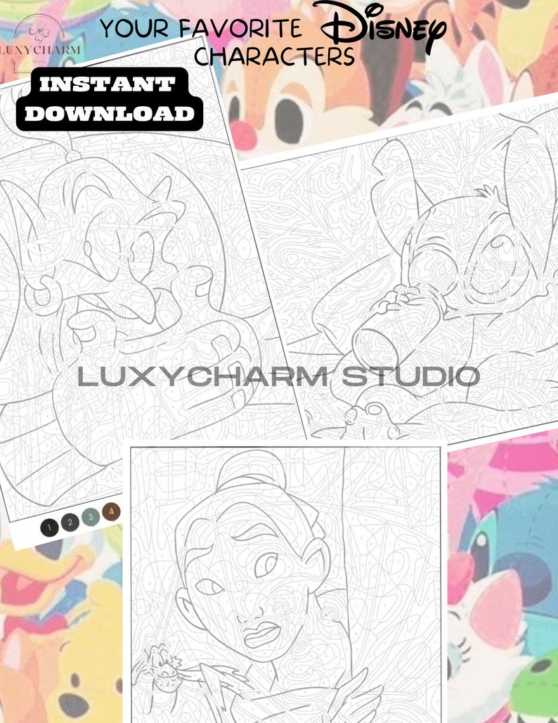 May include: Digital download of a paint-by-numbers coloring page featuring Disney characters. The image includes line drawings of Aladdin, Stitch, and Mulan, with the text "YOUR FAVORITE DISNEY CHARACTERS" and "INSTANT DOWNLOAD". The LuxyCharm Studio logo is also visible.