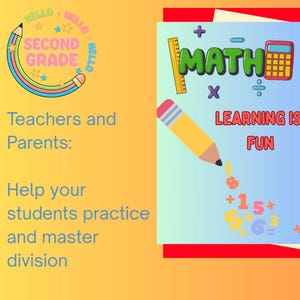 Może przedstawiać: Kolorowy plakat edukacyjny do ćwiczenia matematyki w drugiej klasie. Plakat zawiera słowo "MATH" z ilustracją kalkulatora i linijki. Wyświetlany jest również tekst "LEARNING IS FUN". Ilustracja ołówka wskazuje na liczby.