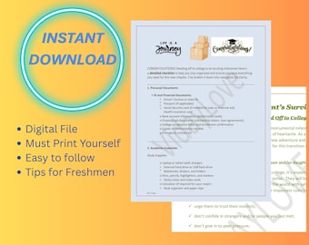 May include: A digital download checklist for college students, featuring the text "Instant Download" in a blue circle. The checklist includes categories for personal documents and academic essentials, with tips for freshmen.