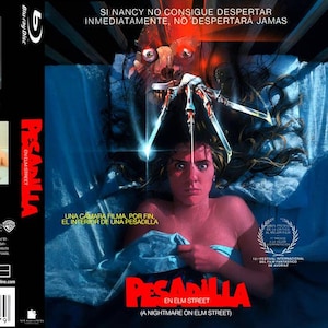 Puede incluir: Una caja de Blu-ray azul y roja con una imagen de una mujer con el pelo largo y oscuro y un hombre con un guante con cuchillas en la mano. El texto en la caja dice "Pesadilla en Elm Street" y "A Nightmare on Elm Street".