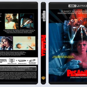Puede incluir: Una caja de disco Blu-ray 4K Ultra HD para la película de terror "Pesadilla en Elm Street". La portada presenta un primer plano del guante de Freddy Krueger con cuchillas de afeitar, y una joven con una expresión de terror. La contraportada presenta una descripción de la película en español e inglés.