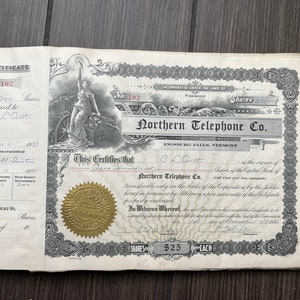 ONE Antique 1896 1900s Northern Telephone Co Stock Certificate 25 Dollar Share SIGNED