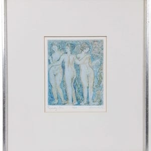 Vintage Agnes Mills Original Etching Painting Titled Tapestry Blue Signed 13/100