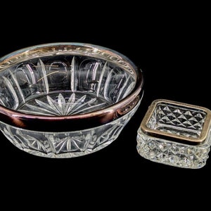 2 Antique Sterling Silver Rim Etched Crystal Vase Bowl Marked