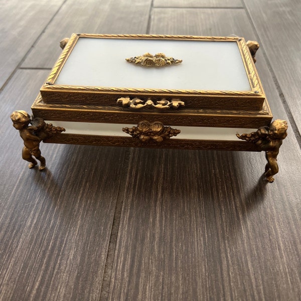 7.75” Vintage Brass Ormolu Frosted Glass Angel Cherub Footed Jewelry Trinket Box