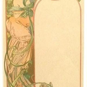 May include: A vintage art nouveau style illustration of a woman in a flowing gown with a green ribbon. The image is framed with a decorative border and the text "Moët & Chandon" is at the top. The image is on a cream-colored background.