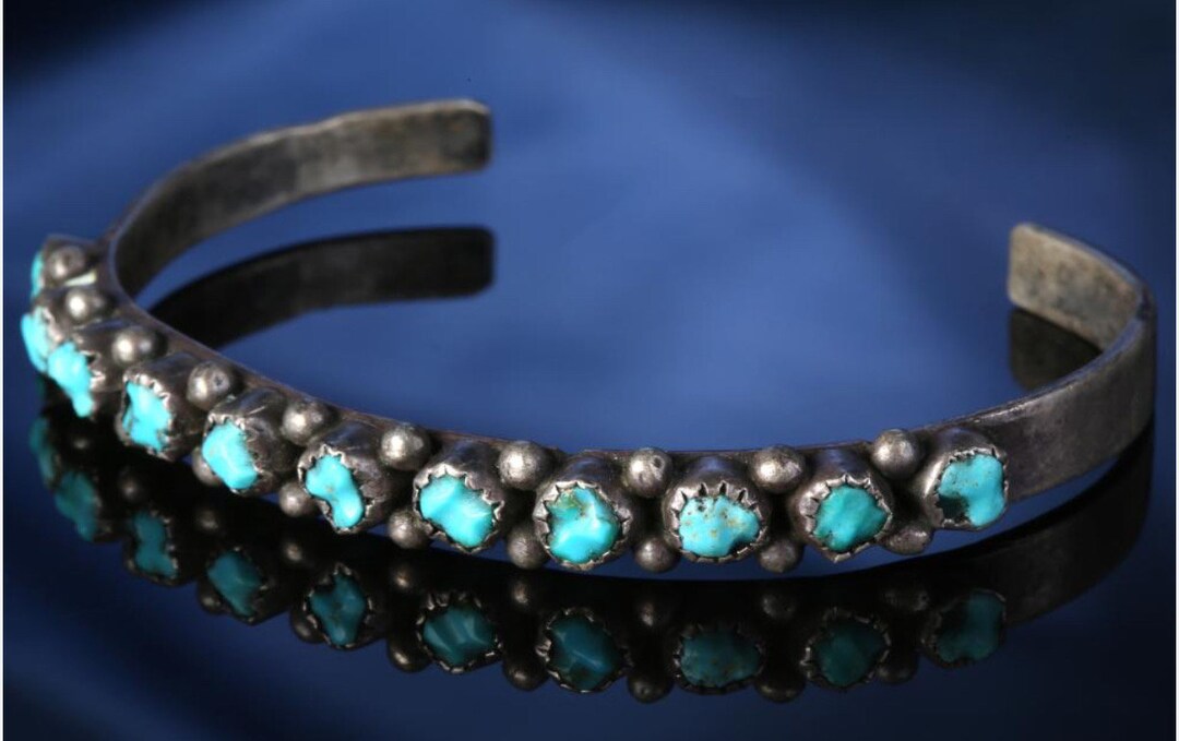 Vintage Navajo 11 Stone Turquoise & Silver Cuff Bracelet Native