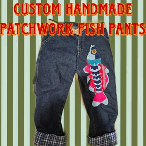 custom handmade patchwork fish pants // sewn-on and upcycled from thrifted materials